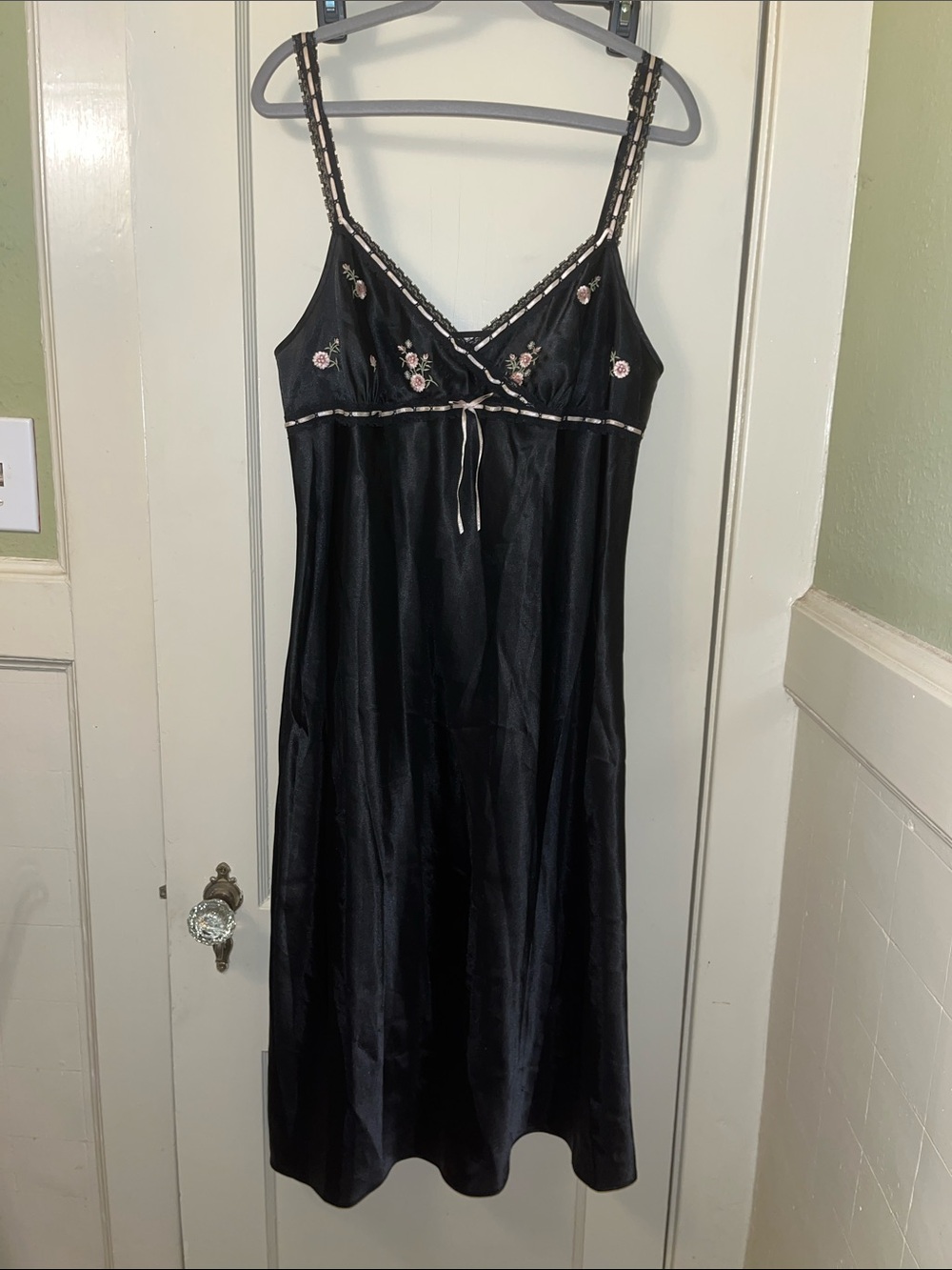 Morgan Taylor Black Satin Embroidered Chemise
